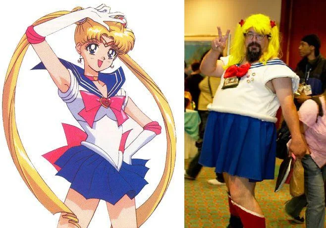 Comparison image contrasting the original Sailor Moon character with the Sailor Bubba cosplayer.