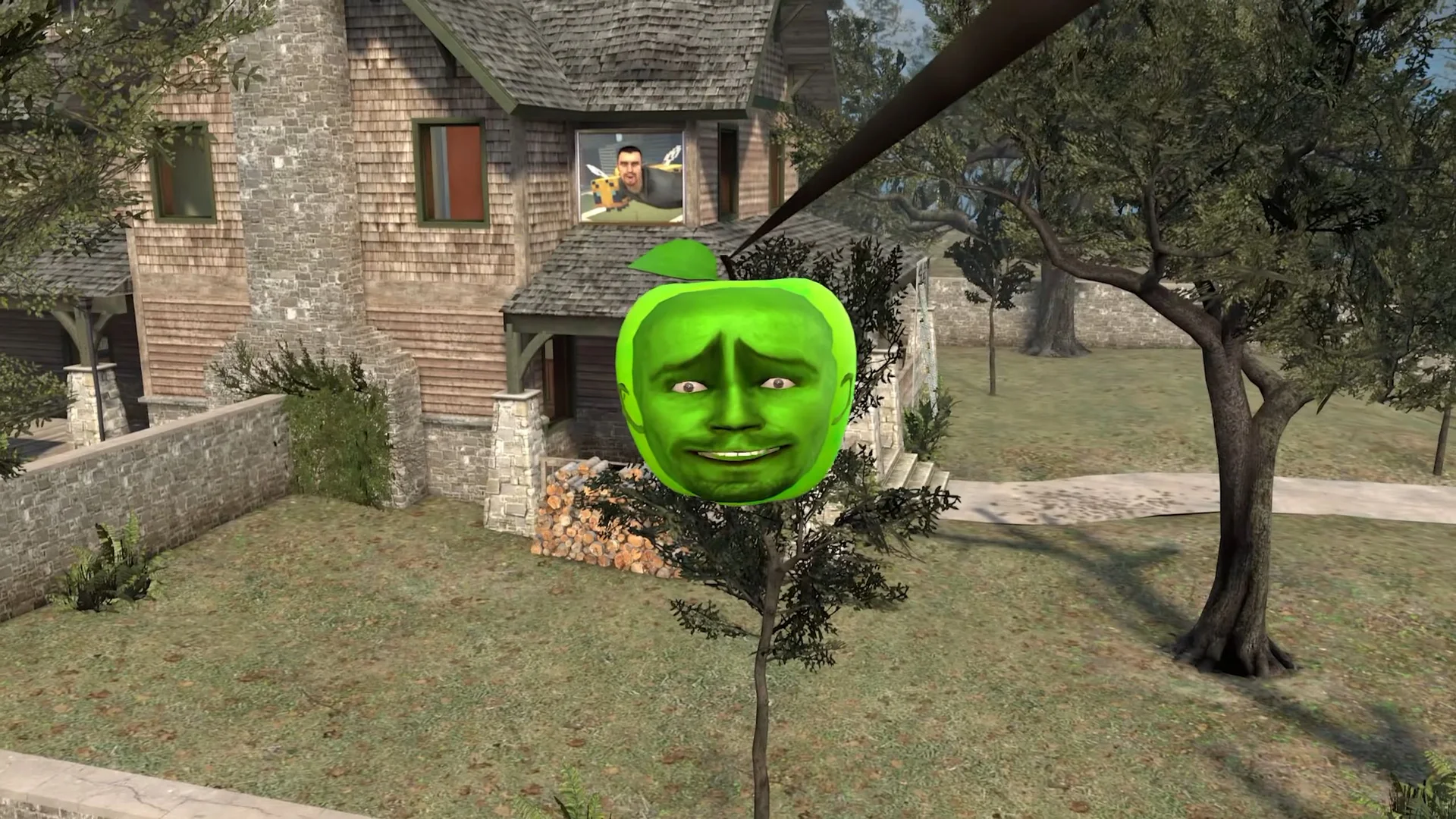The Sakadung Apple depicted as a face-bearing green fruit hovering above a young tree, referencing the surreal 3D-animated meme.
