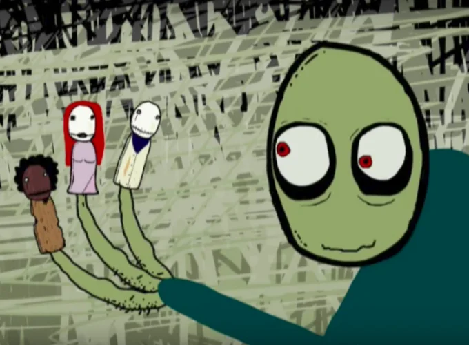 Original Salad Fingers scene with character's unsettling doll collection.
