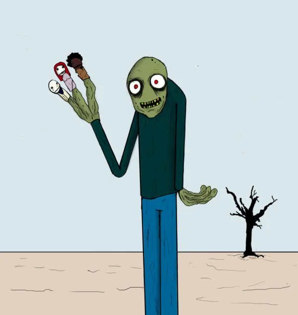 Polished illustration capturing Salad Fingers' threatening character.