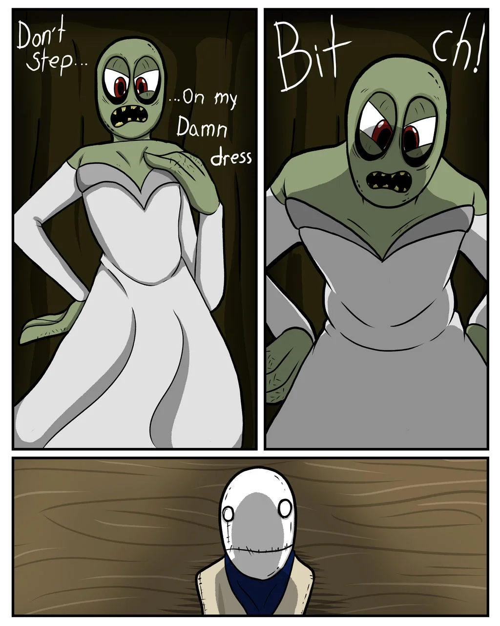 Three-panel Salad Fingers reaction meme about clothing issues.