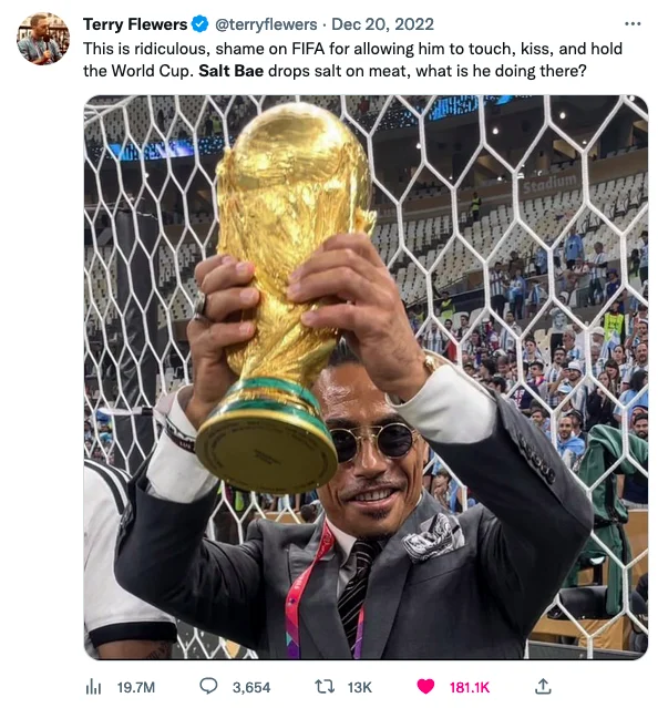 Salt Bae holding World Cup trophy sparking social media debate.