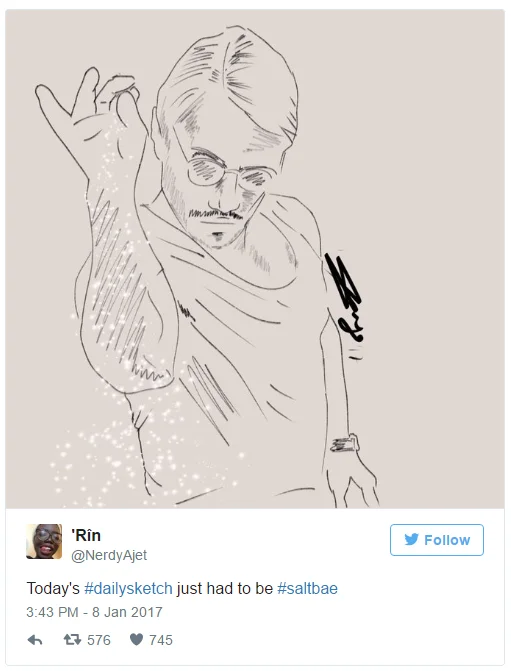 Fan art line drawing of Salt Bae's iconic salt-sprinkling pose.