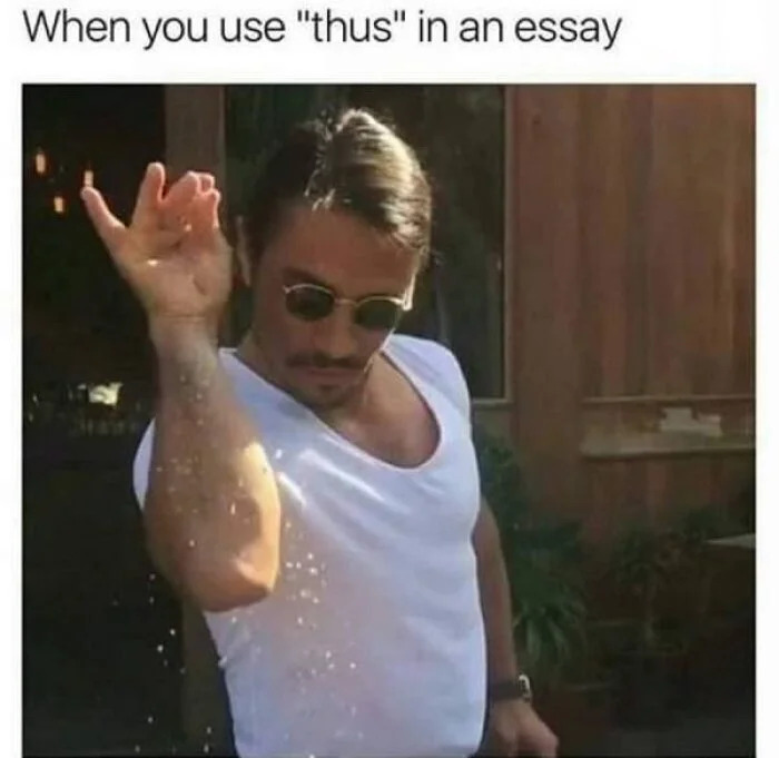Salt Bae meme about using fancy vocabulary in essays.