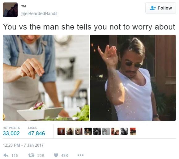 Viral Twitter comparison format of Salt Bae versus casual seasoning.