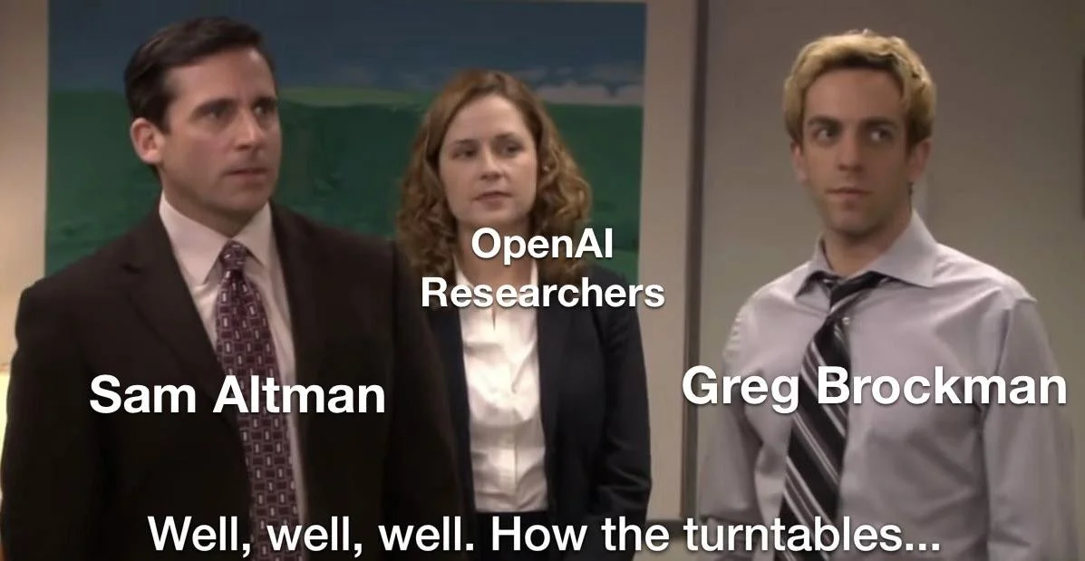 Power dynamics reversal meme about Altman's firing and reinstatement.