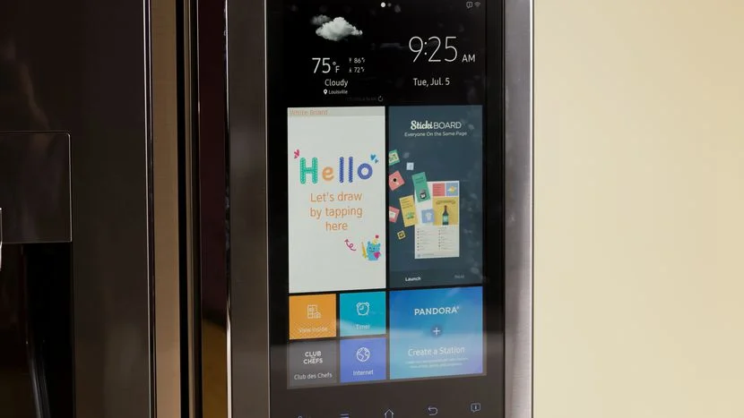 The touchscreen interface of Samsung's Family Hub smart refrigerator, the appliance at the center of the 'Reddit on Samsung Smart Fridge' meme.