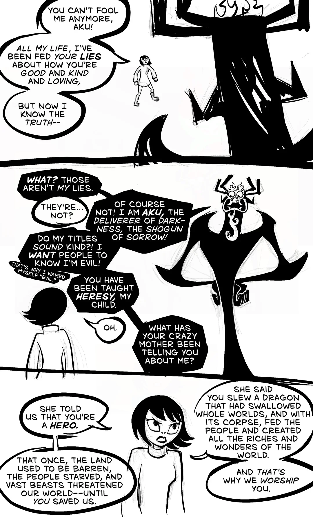 Fan comic page dramatizing a heretical conversation between Aku and his supposed daughter.