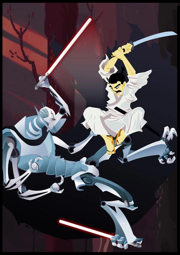 Fan artwork depicting Samurai Jack battling Aku's mechanical minions.