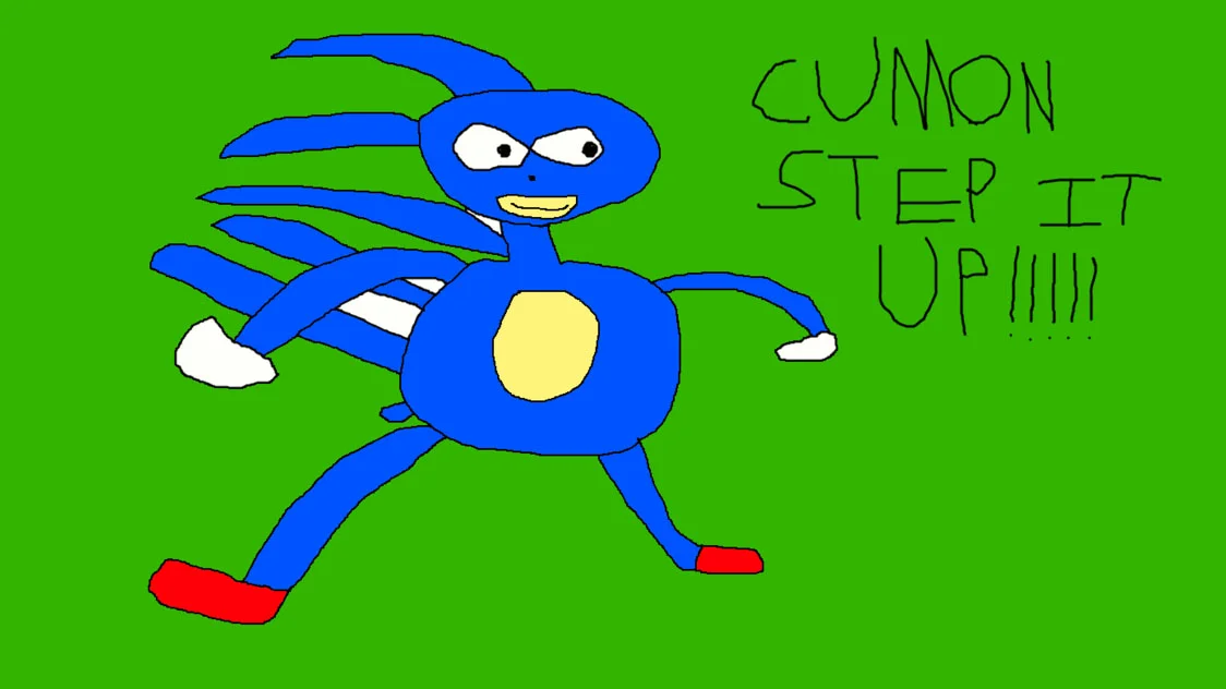 The original Sanic Hegehog drawing, featuring the intentionally awkward blue hedgehog and the iconic 'CUMON STEP IT UP!!!!!' caption that became a defining catchphrase of the meme.