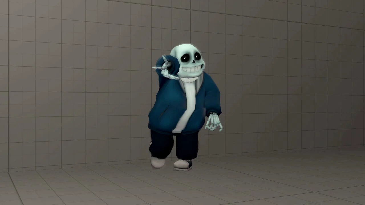 A 3D-rendered still of Sans from Undertale caught mid-dance, the image widely associated with the 'Sans Fortnite Dance' meme.