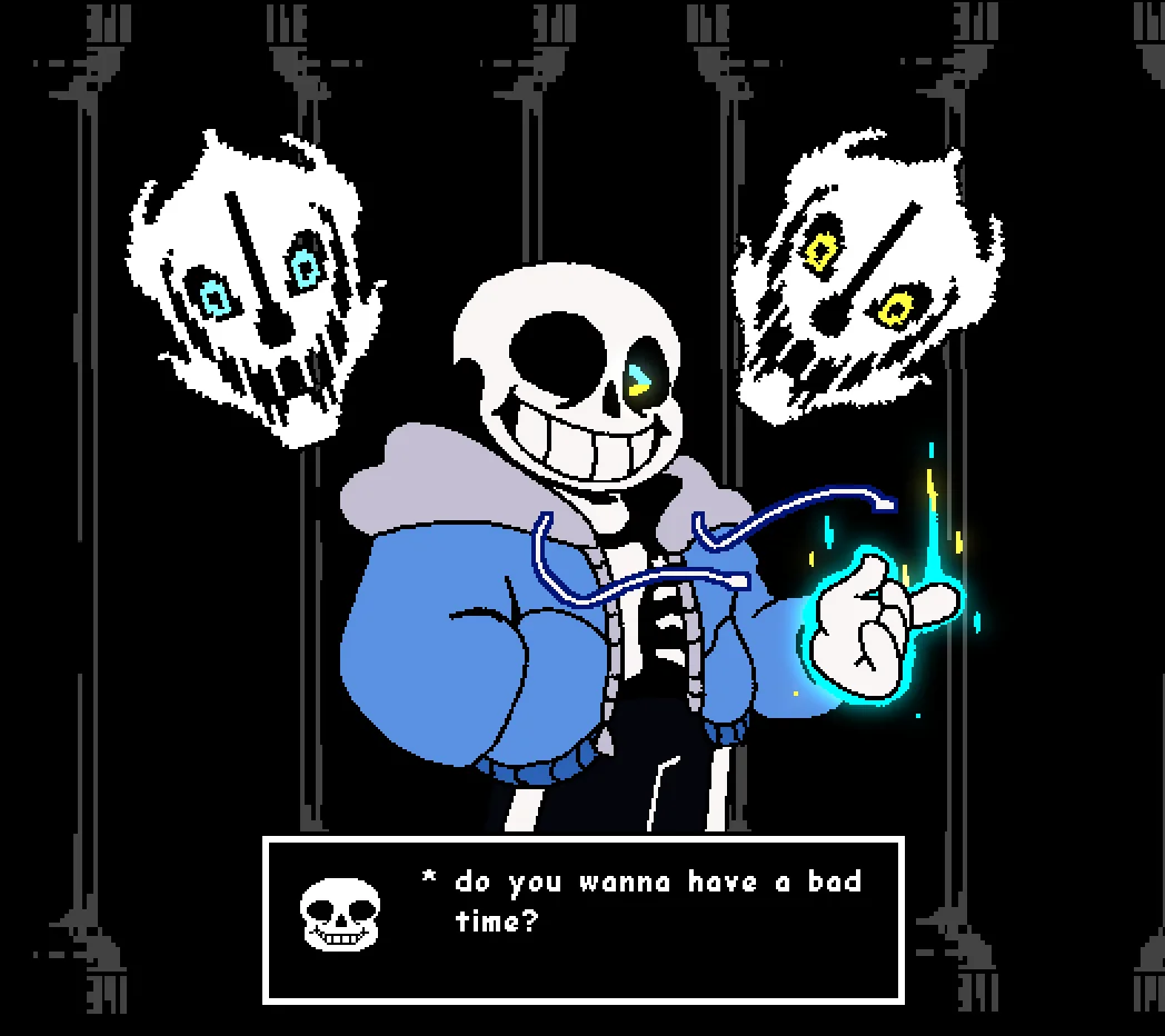 Iconic Sans pixel art with bad time dialogue.