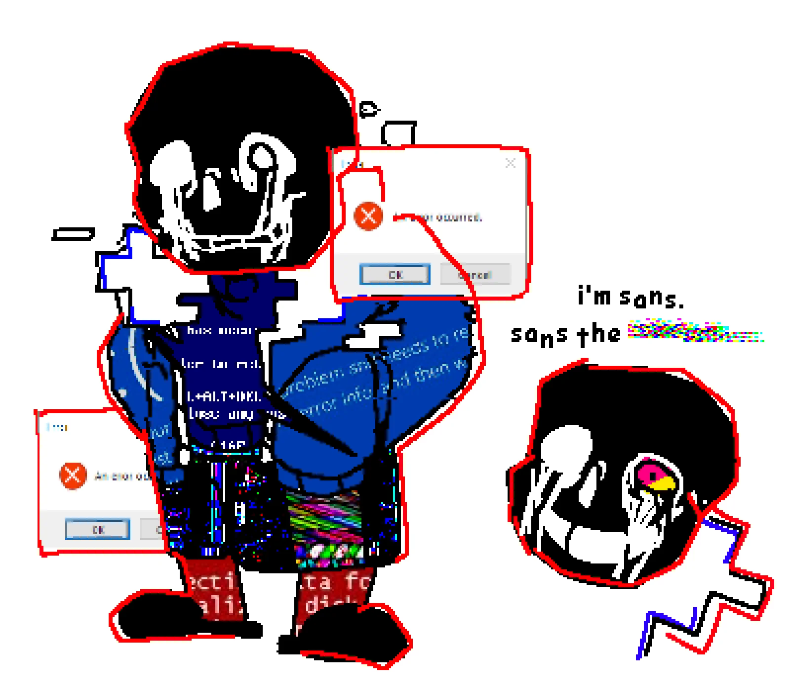 A distorted, glitch-art depiction of Sans referencing 'Error Sans' and glitch-themed AU (alternate universe) fan interpretations of the character.