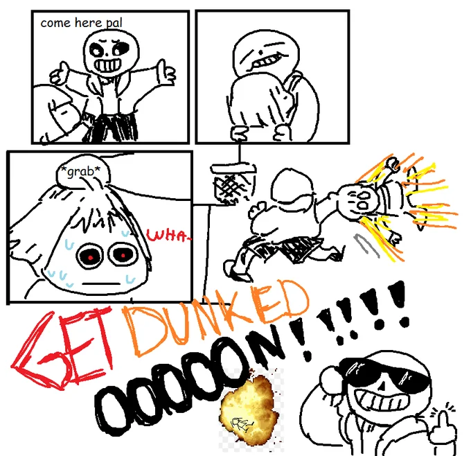 The origin comic of the widely-referenced 'GET DUNKED ON' Sans meme, depicting the Undertale boss's iconic Genocide-route attack in comic form.