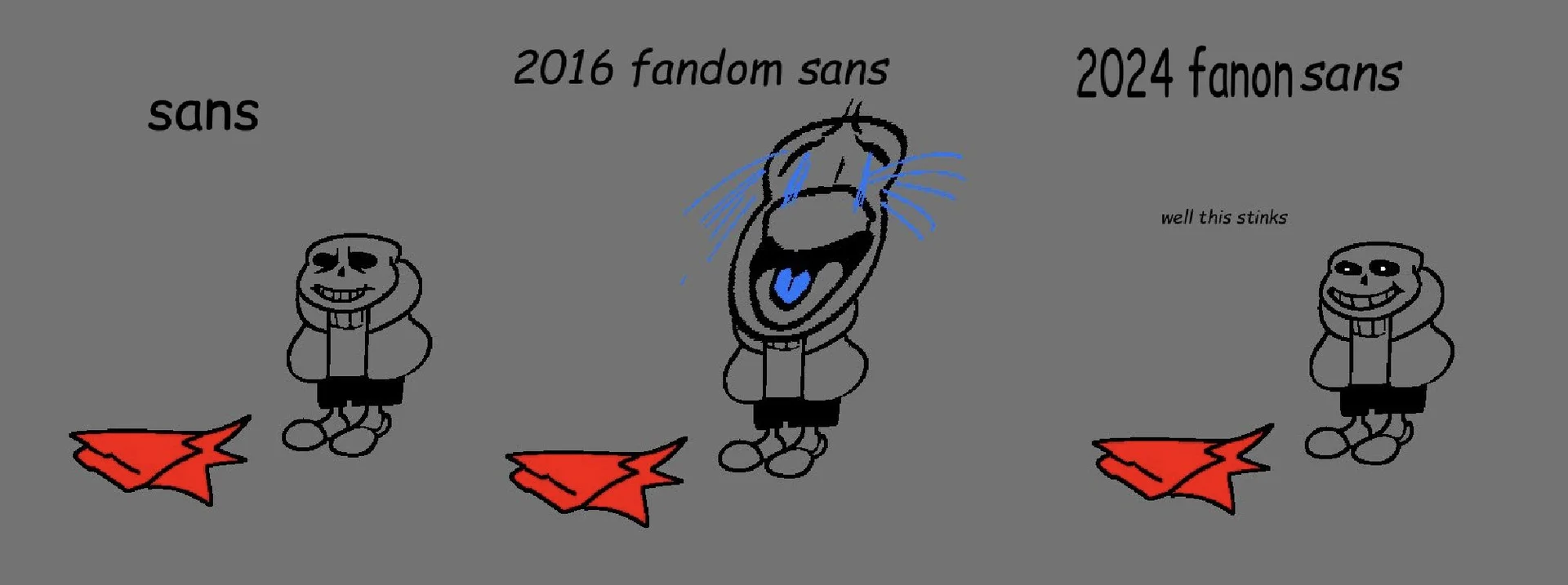 A meme comparing how the fandom's depiction of Sans has evolved from the original Undertale sprite to modern exaggerated fanon interpretations.