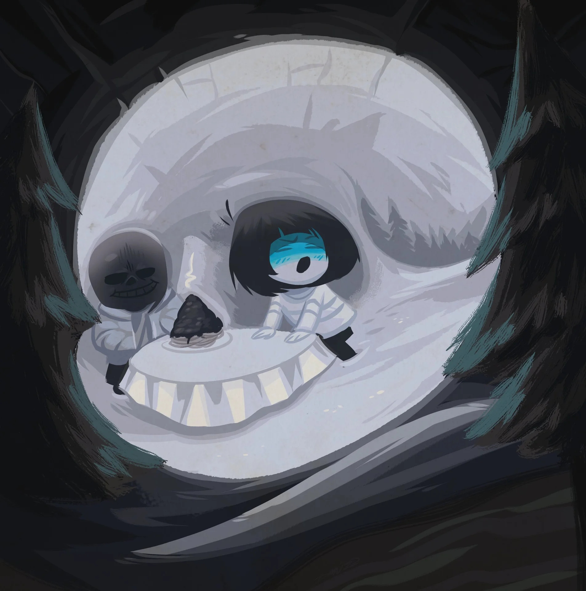 A stylized fan illustration depicting Sans and Frisk in a surreal composition, showcasing the artistic reinterpretation Sans has inspired in Undertale fan art.
