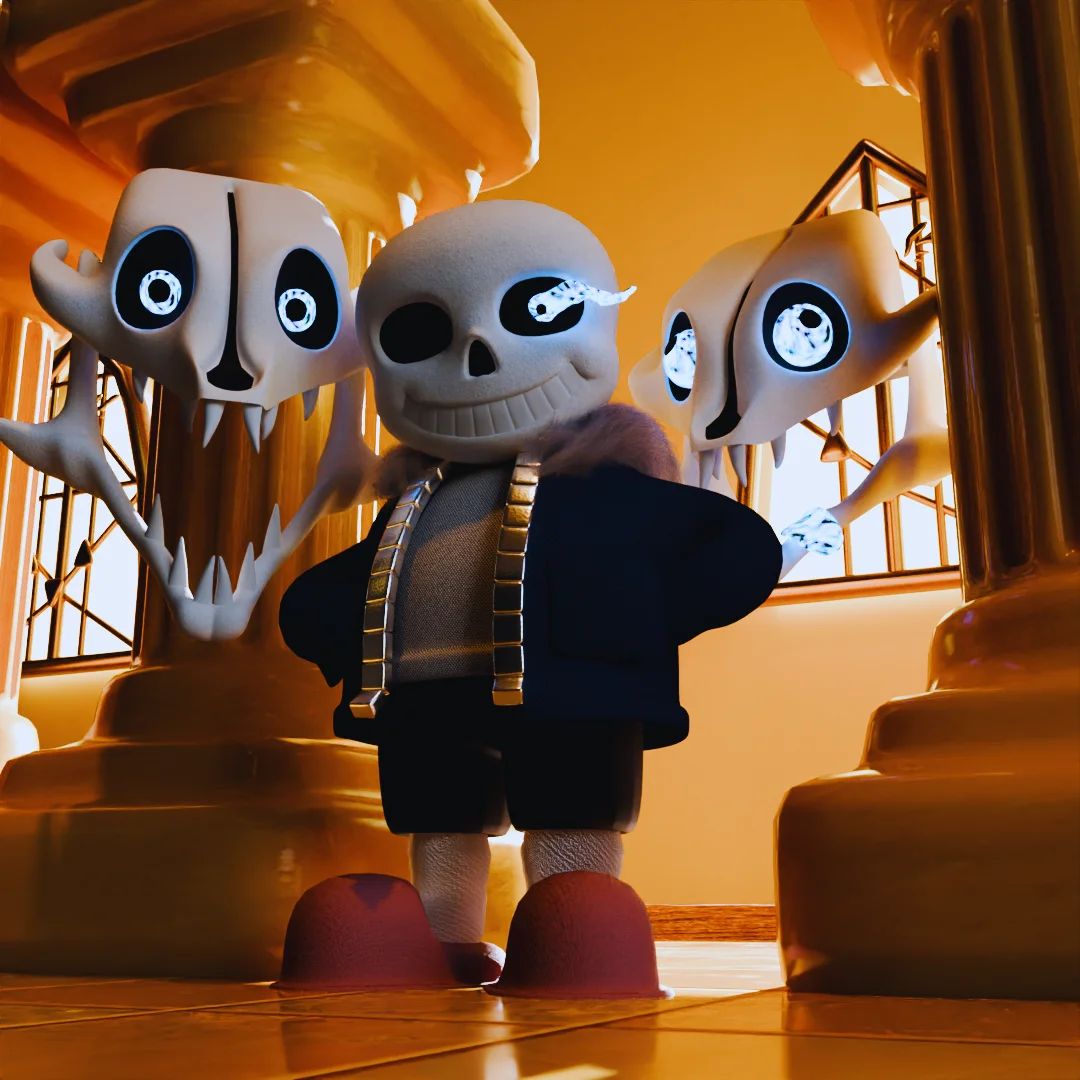 A 3D fan render depicting Sans mid-battle with his signature Gaster Blasters, evoking his iconic boss fight from the Undertale Genocide route.