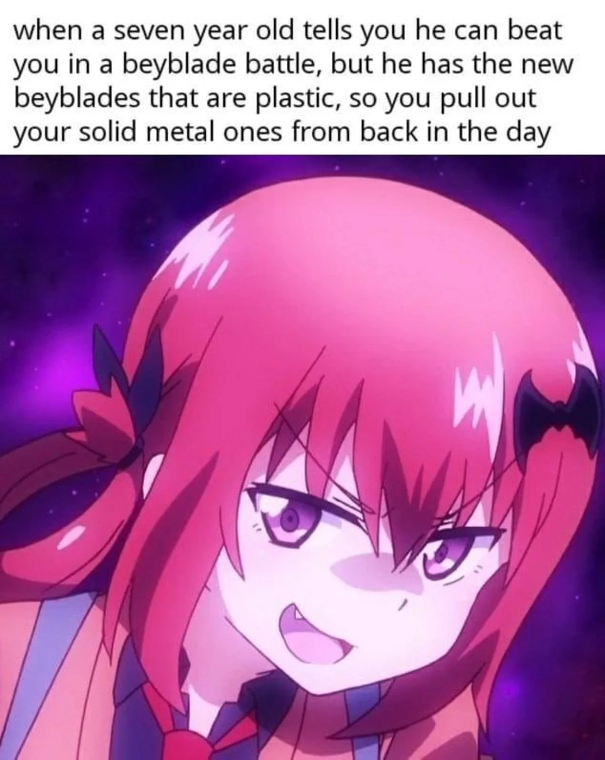 A bald-Satania edit paired with a 'when a seven year old' Beyblade joke, showcasing the character's use in absurdist image macros.