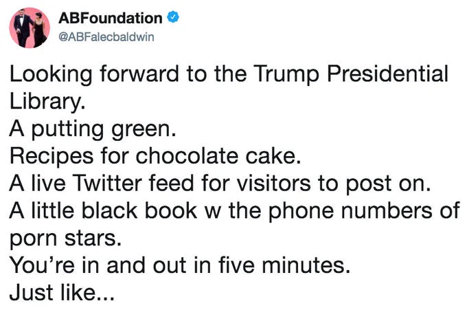 A Donald Trump tweet disparaging Alec Baldwin's SNL impression and asking for Darrell Hammond's return.