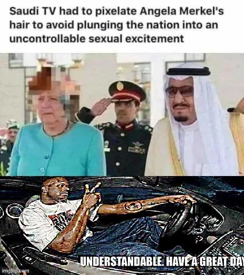 Saudi media standards meme about Merkel's pixelated hair on TV.