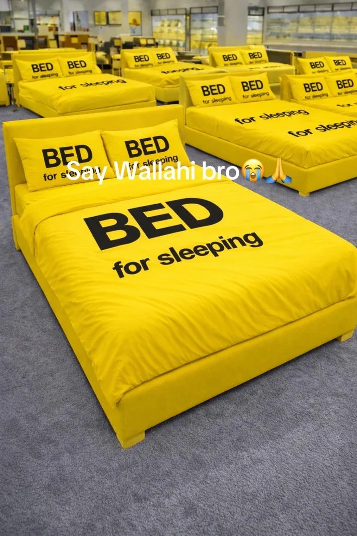A showroom of literal 'BED for sleeping' No Name beds turned into a Say Wallahi bro meme.