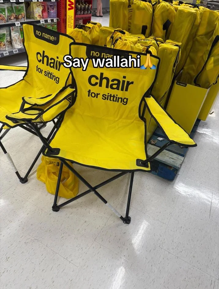 The literal 'chair for sitting' No Name product became a canonical Say Wallahi bro meme template.