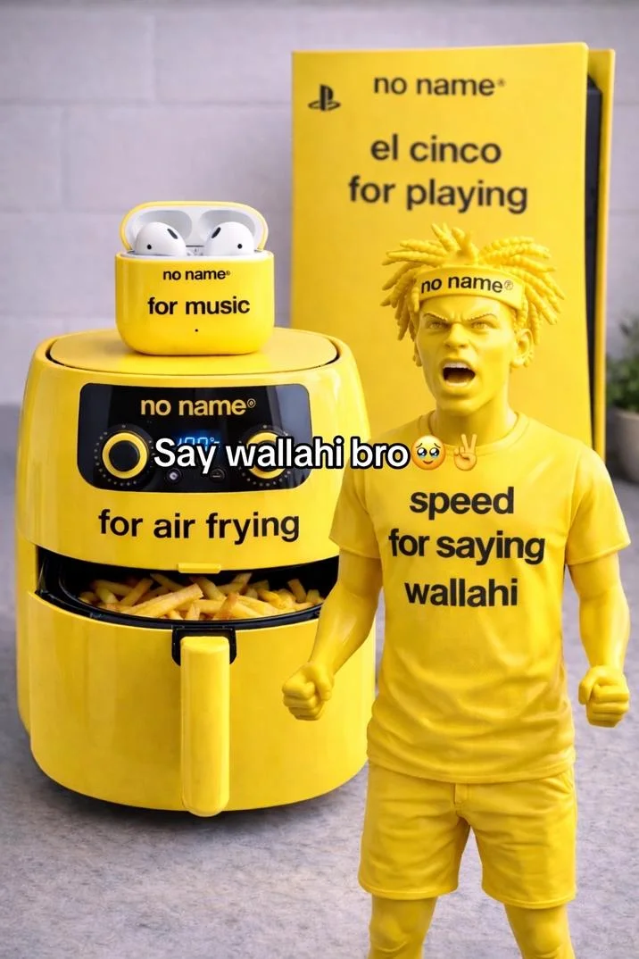 A composite Say Wallahi bro edit stacking multiple No Name products alongside an IShowSpeed figurine.