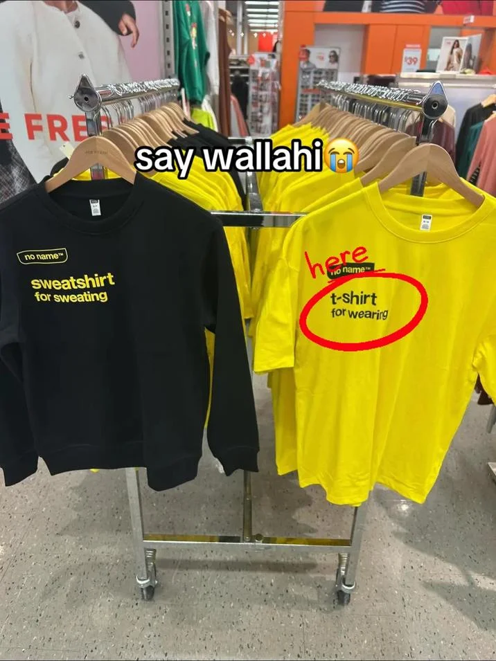A viral 'Say Wallahi' edit poking fun at the literal product descriptions on No Name branded clothing.