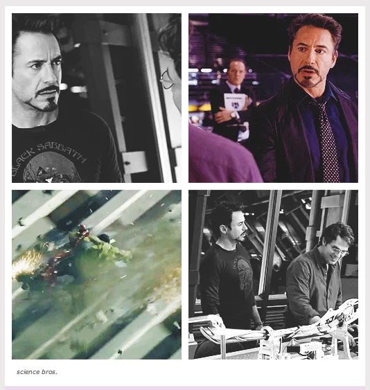 A Tumblr-style photoset assembling Avengers screencaps of Tony Stark and Bruce Banner, exemplifying the fandom's 'science bros' shipping edits.