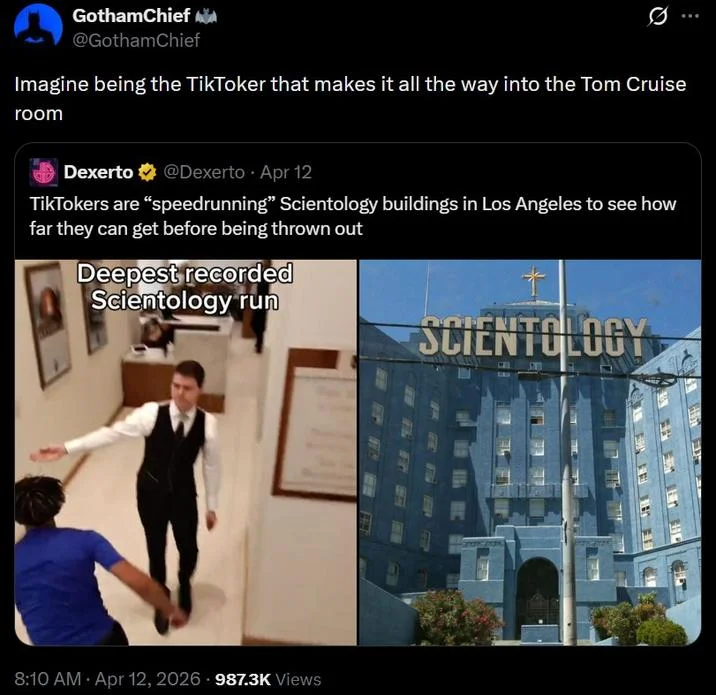 A composite cover image showcasing multiple TikTok 'Scientology run' speedrun videos that fueled the trend.