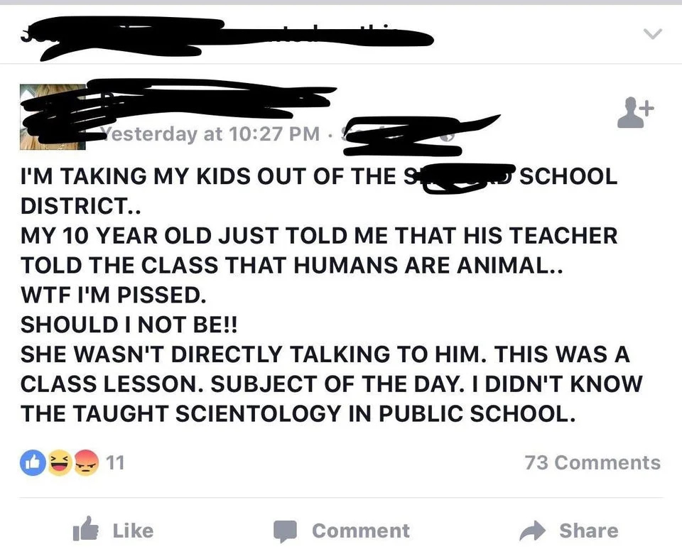 A widely shared Facebook post where a parent mistakenly refers to evolution as 'Scientology,' fueling memes about the confusion.