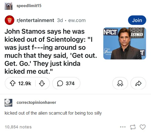 A viral social media post about John Stamos being kicked out of Scientology, along with a mocking Tumblr reply.