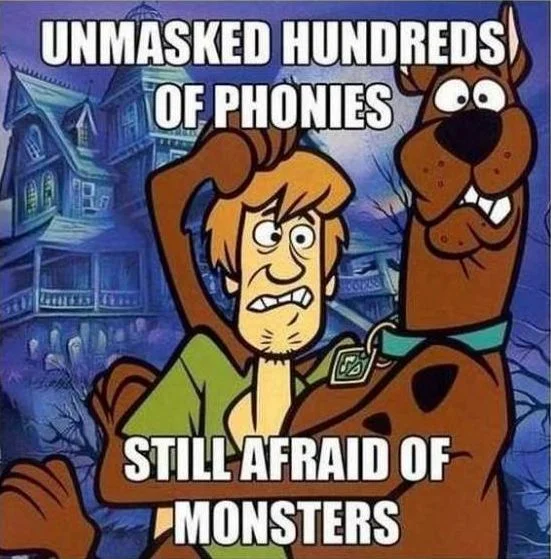 Scooby-Doo unmasking variant with heavy text overlay joke.