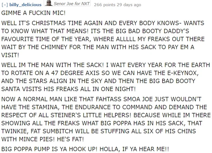 A Reddit comment imitating Scott Steiner's cadence with a Christmas-themed promo about Samoa Joe and 'Big Poppa Pump.'