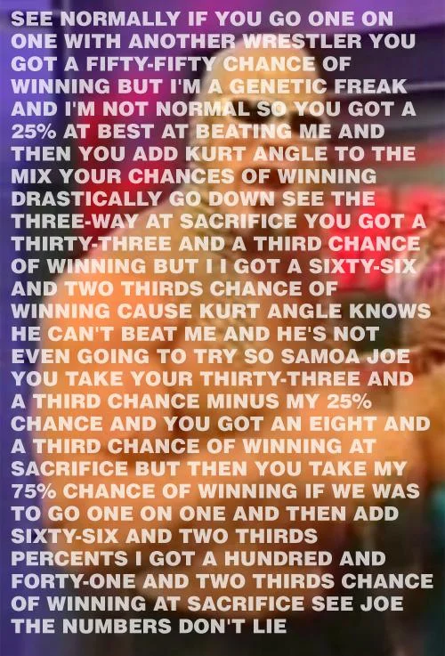 The complete text of Scott Steiner's legendary mathematical promo where he calculates a '141 and two-thirds chance of winning' at Sacrifice.