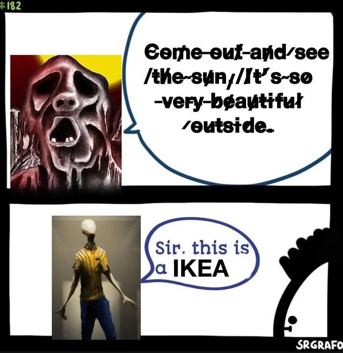 SCP creature meets IKEA humanoid in the wild.