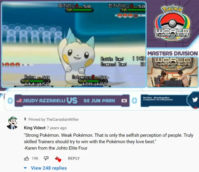 YouTube stream capture of the 2014 Pokémon World Championships finals featuring Se Jun Park's Pachirisu, with a top comment quoting Karen from the Johto Elite Four.