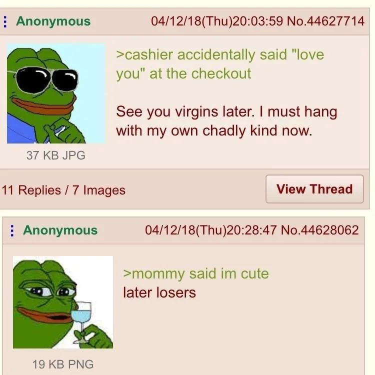 A pair of 4chan posts showing common variants of the 'See You Later, Virgins' catchphrase, including a 'later losers' remix.