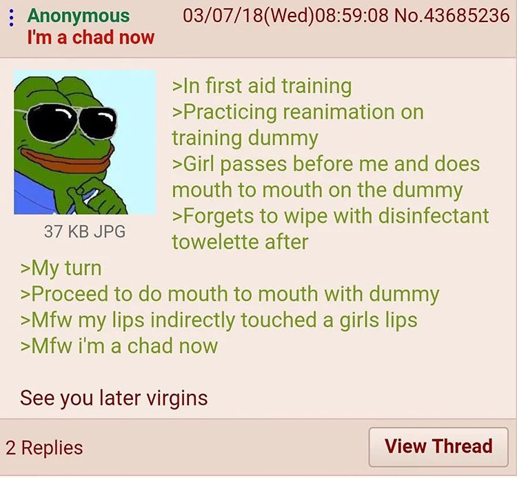 A 4chan greentext where the OP claims chad status after 'indirectly' kissing a girl through a shared CPR training dummy.