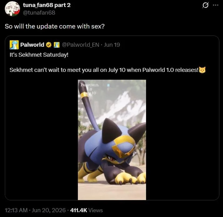 The official Palworld 'Sekhmet Saturday' tweet announcing the July 10 release, and a representative thirsty reply that helped spark the meme.