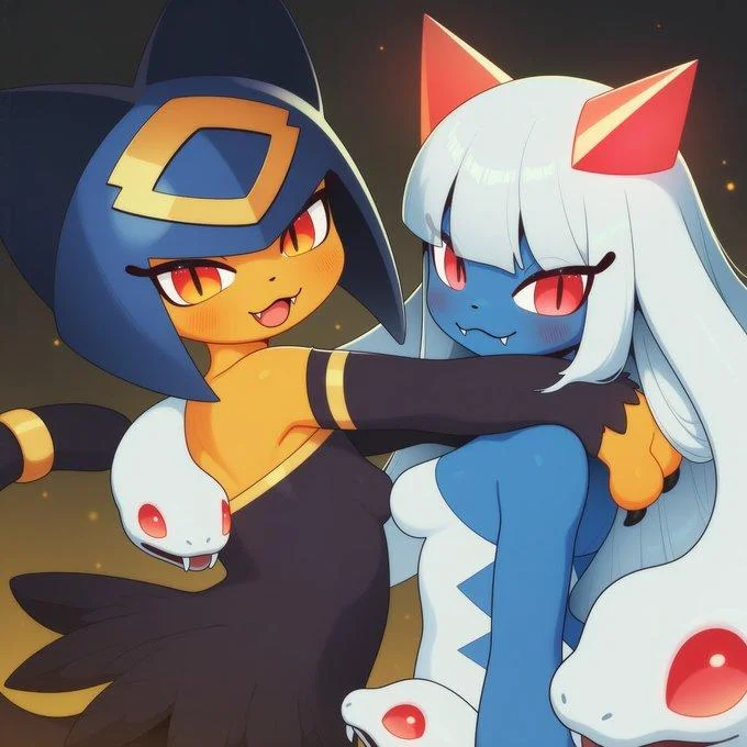 Anthropomorphic fan art featuring Sekhmet alongside another Pal, illustrating the character's strong fan-art reception.