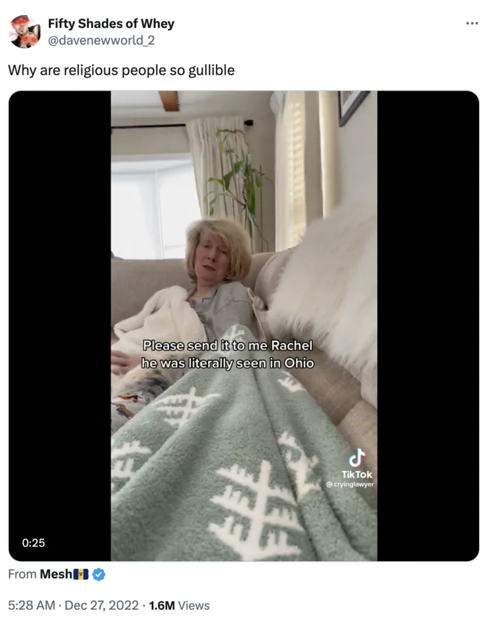 A Twitter share of the 'Send It to Me, Rachel' TikTok mocking the emotional reaction, illustrating the meme's spread beyond TikTok.