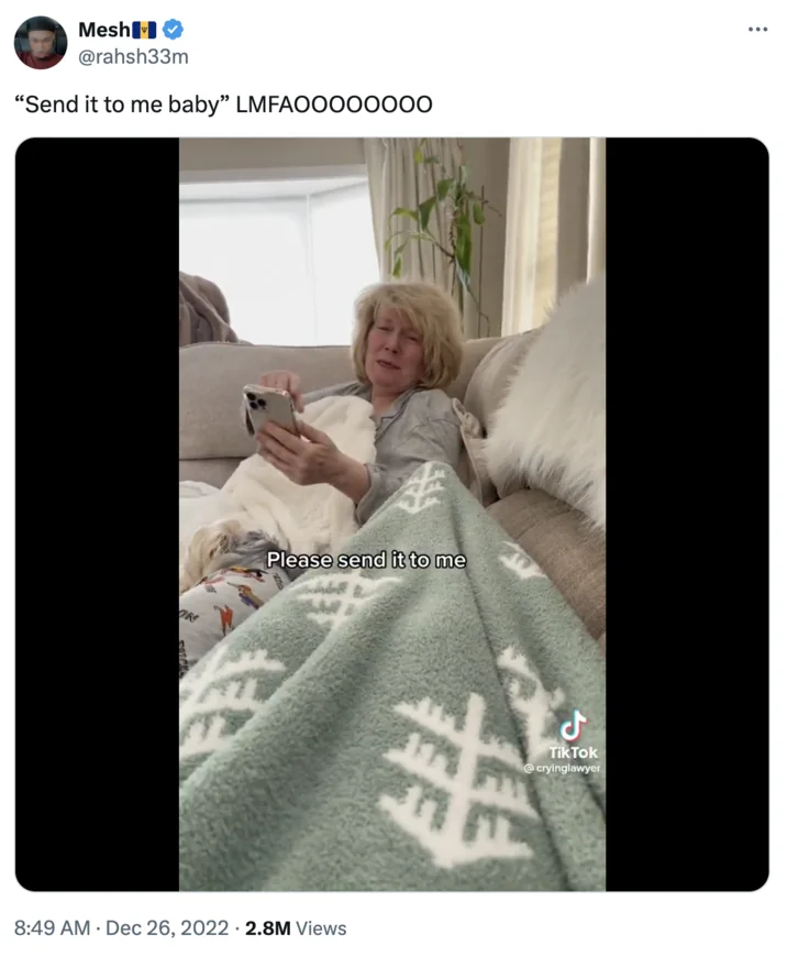 A viral Twitter repost of the 'Send It to Me, Rachel' TikTok video that helped spread the meme in December 2022.