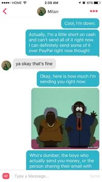 Scammer explains lack of available cash.