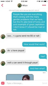Tinder conversation about PayPal payment.