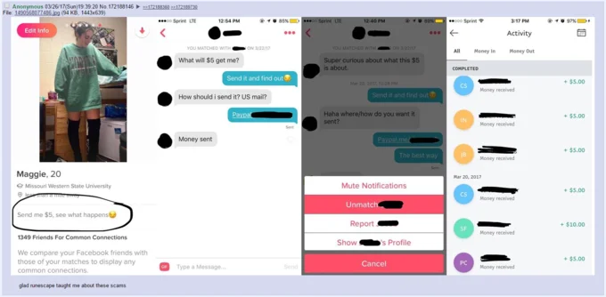 Tinder profile with $5 scam messages.