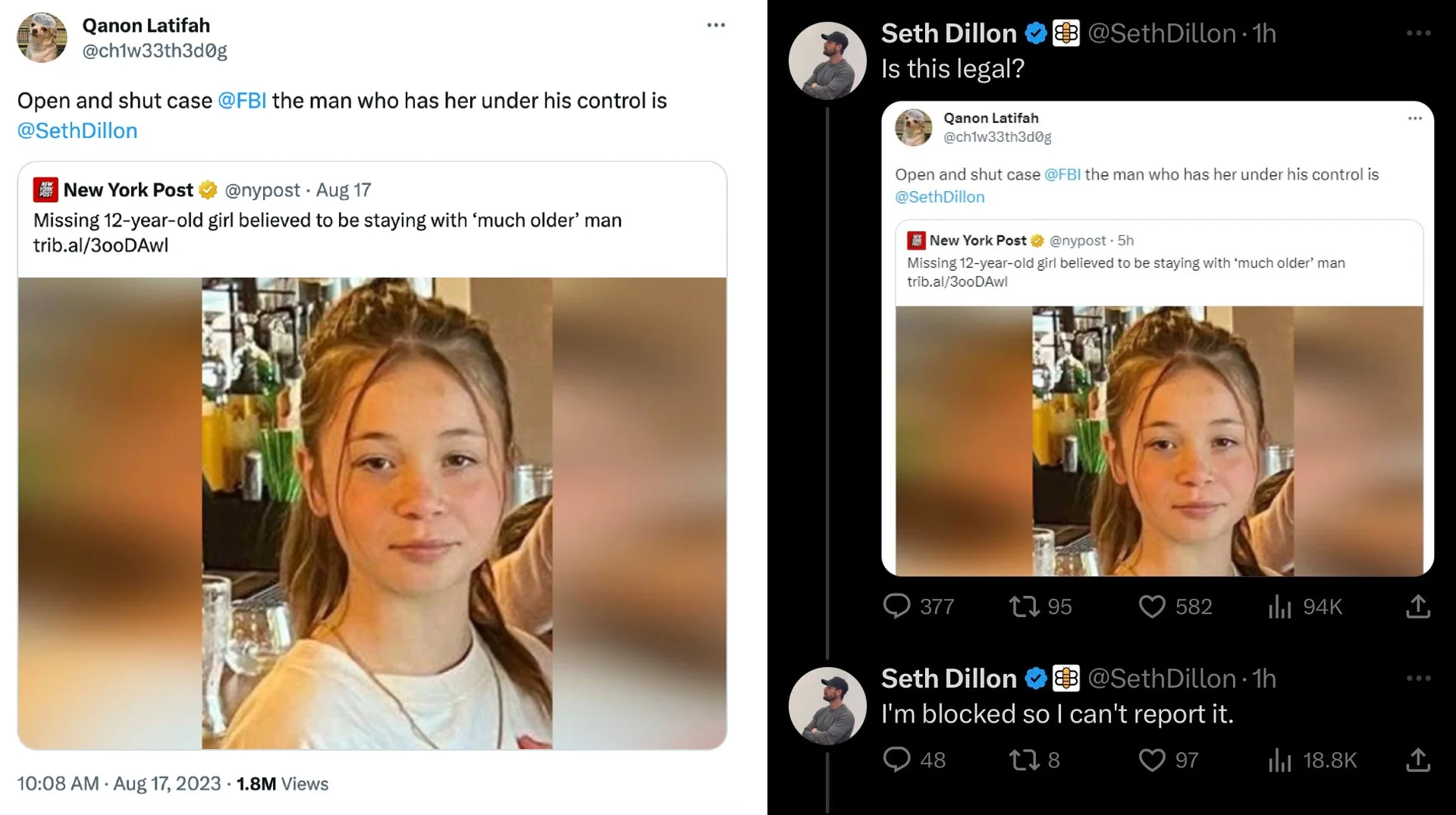 The originating exchange: an anonymous account accused Babylon Bee CEO Seth Dillon of controlling a missing girl, and Dillon replied 'Is this legal?' — kicking off the meme.