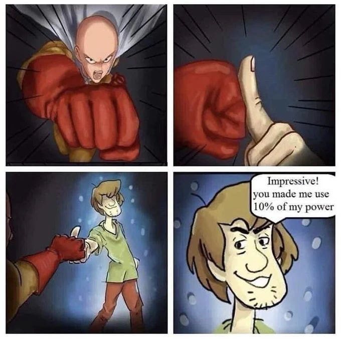 A screencap from the live-action Scooby-Doo film retooled as a joke about Shaggy's hidden, godlike powers.