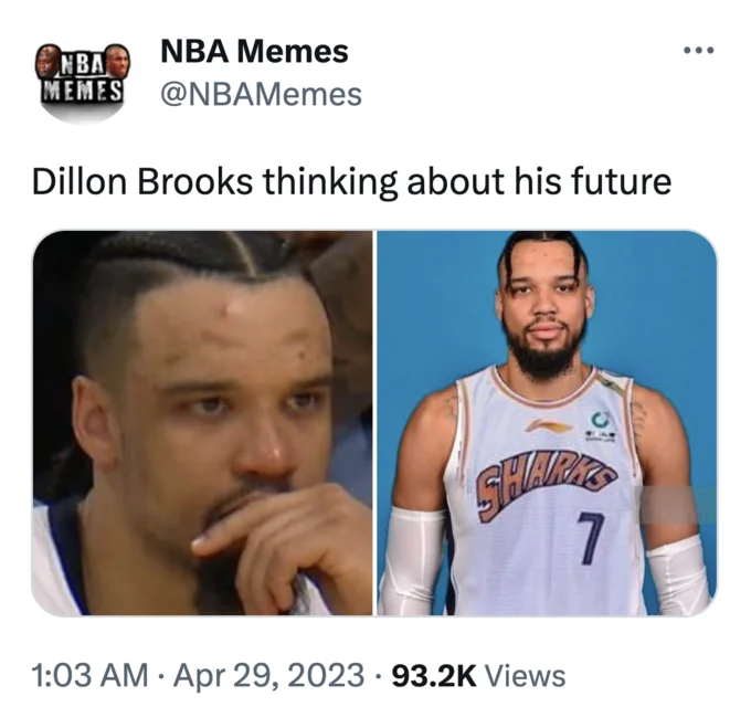 An NBA Memes tweet applying the Shanghai Sharks joke to Dillon Brooks after his 2023 playoff struggles.