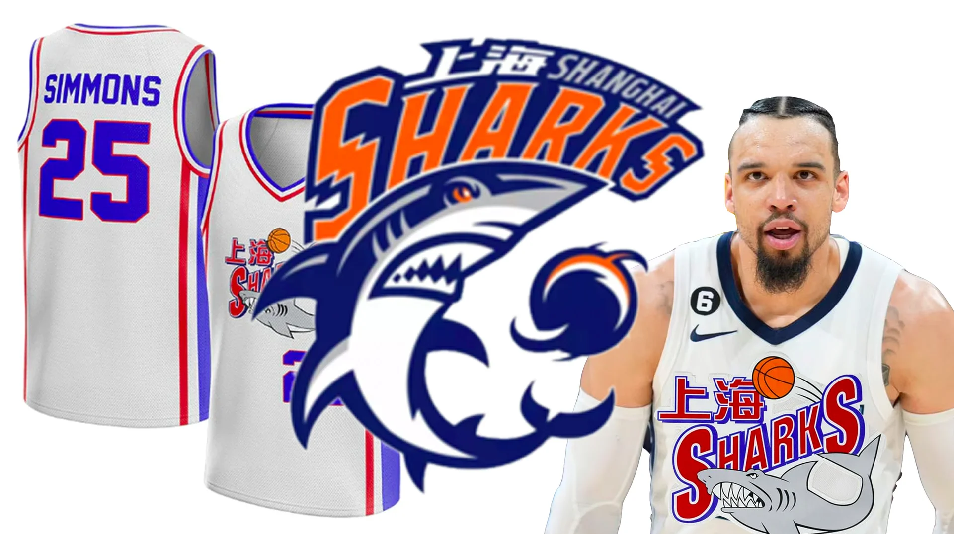 The Shanghai Sharks brand imagery — jerseys, logo, and uniform — used as the central visual in the 'Shanghai Sharks' NBA meme.
